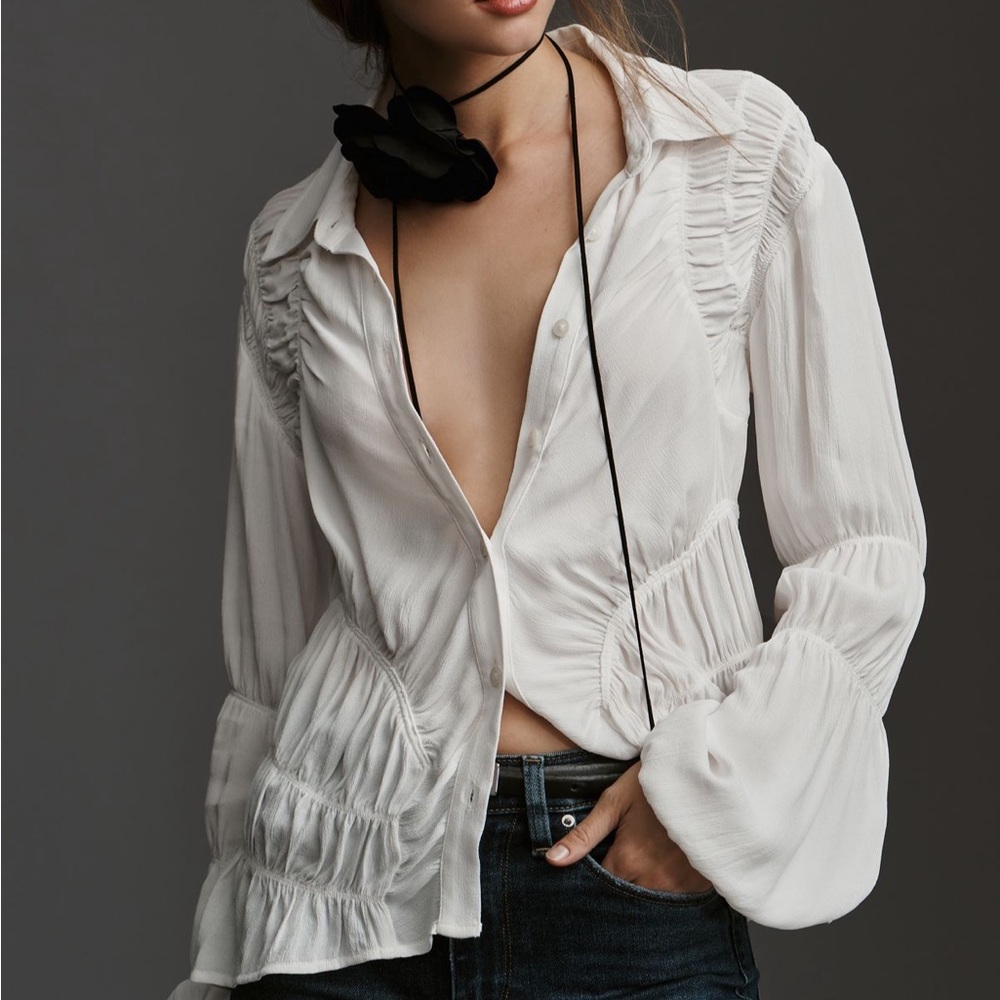 Anthropologie White Long Sleeve Ruched Blouse